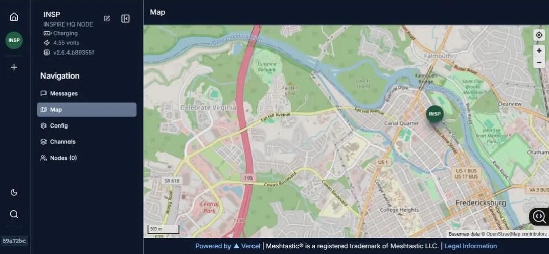 Meshtastic Client Interface showing INSP HQ